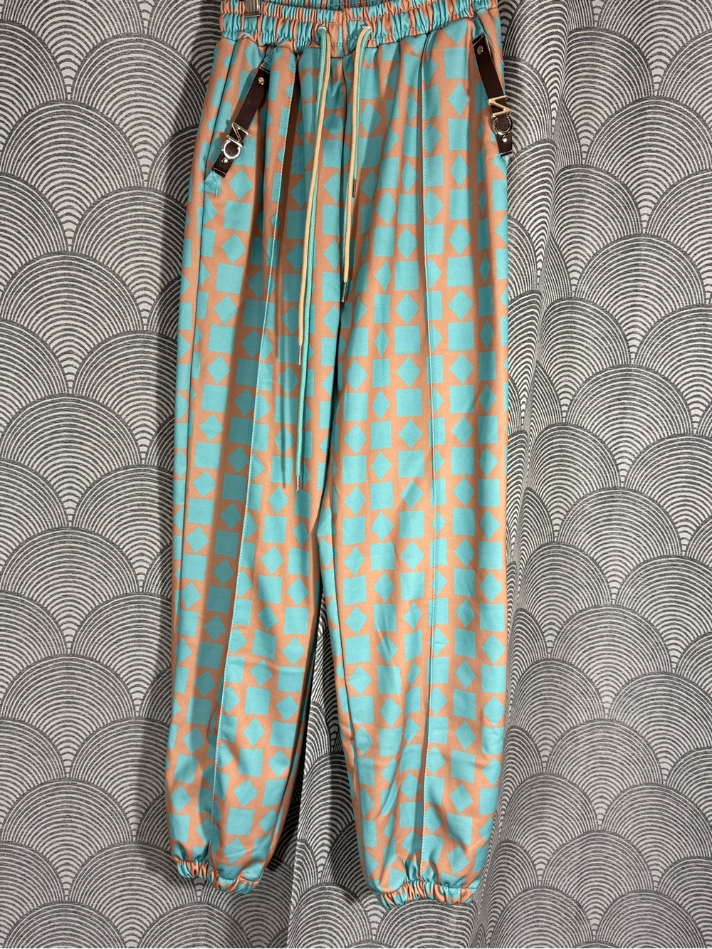 Aqua and Tan Geometric Jogger Pants